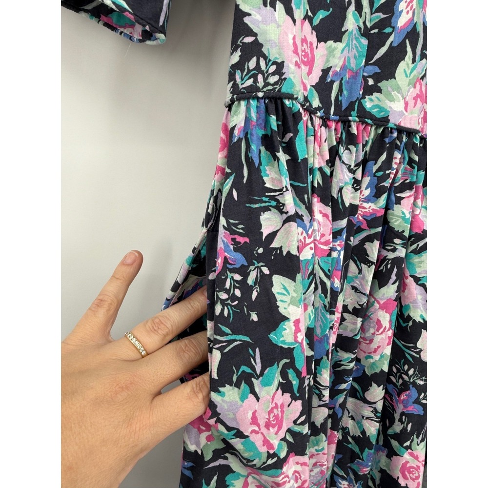 Vintage Laura Ashley Dress Womens 14 Black Pink Floral Cotton Pockets Cottage - Picture 5 of 10